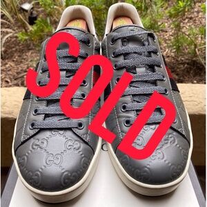 GUCCI Ace Grey Leather GG Embossed Signature Sneakers 386750 10G=US10.5